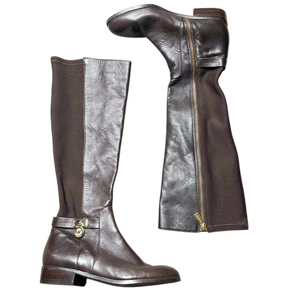 NEW MICHAEL KORS HAMILTON Leather/Stretch Brown Leather Riding Boots Size 5.5M
